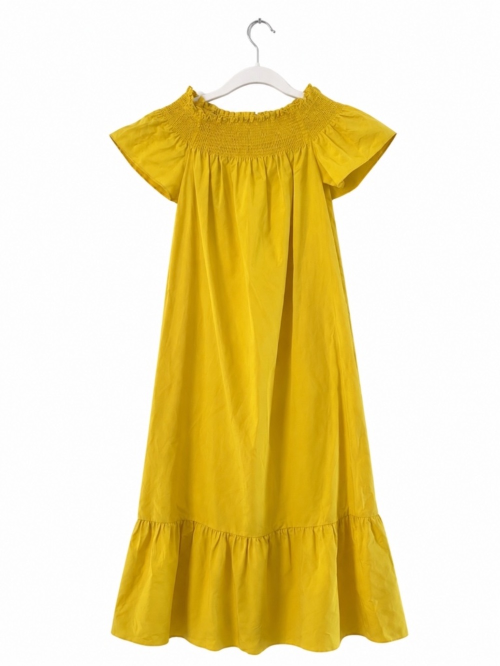 NWT Tory Burch Flaming Yellow Smocked Shoulder Tie Midi Dress Silk Blend XS